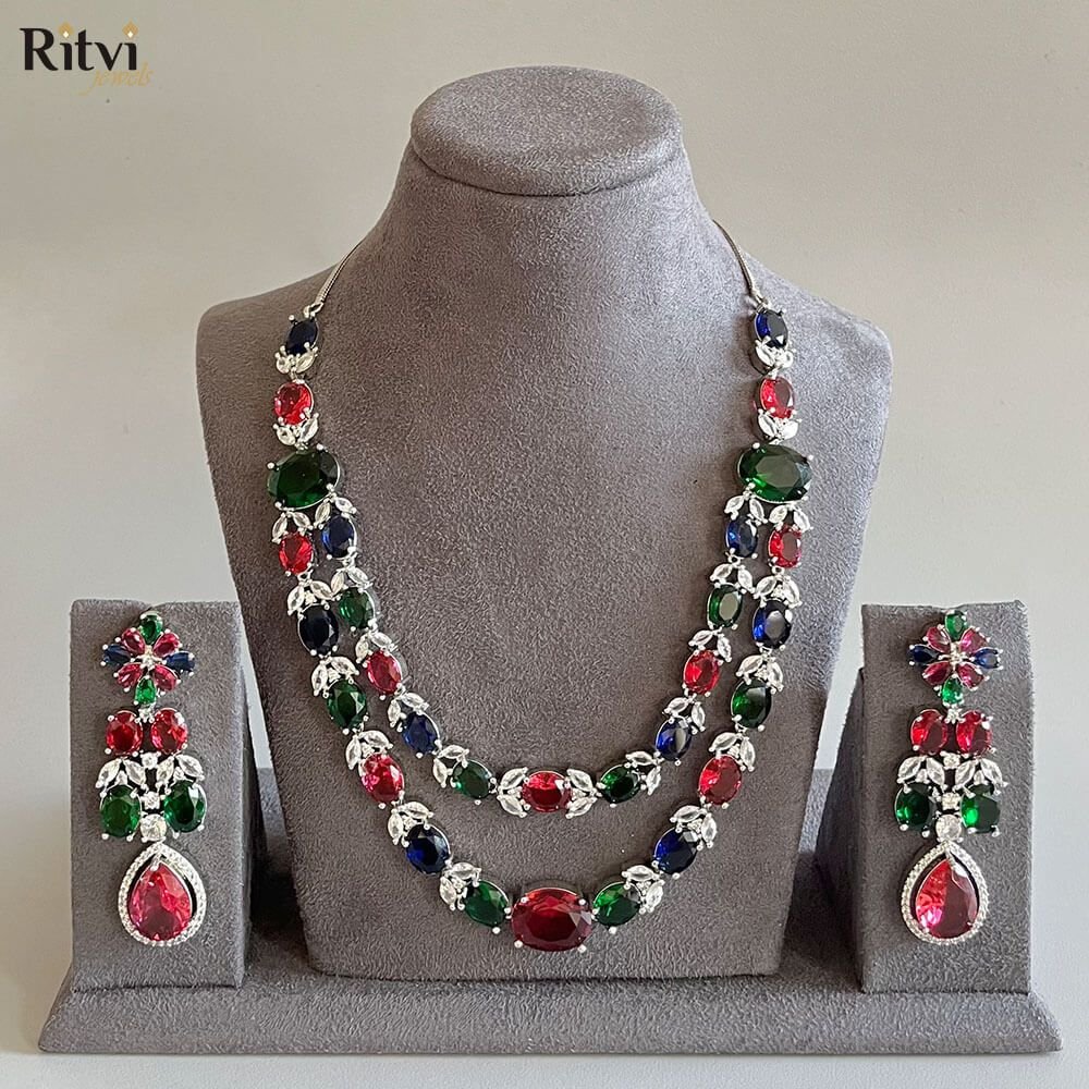 Krishma-Multicolor-AD-Necklace-Set-1.jpg Krishma Multicolor AD Necklace Set - Image 1