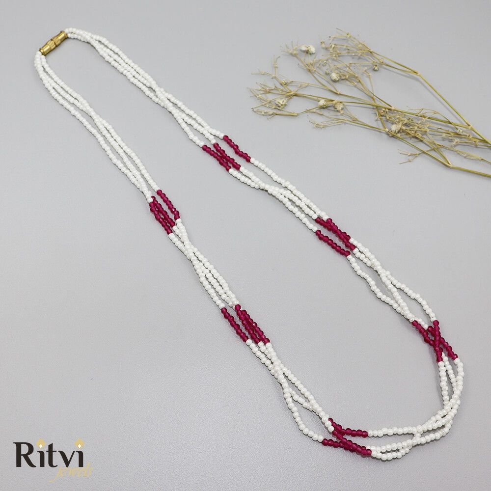 Rice-pearl-mala-4b.jpg Ritvi Handmade Pearl Necklace with Pink- Ruby Crystals - Image 1
