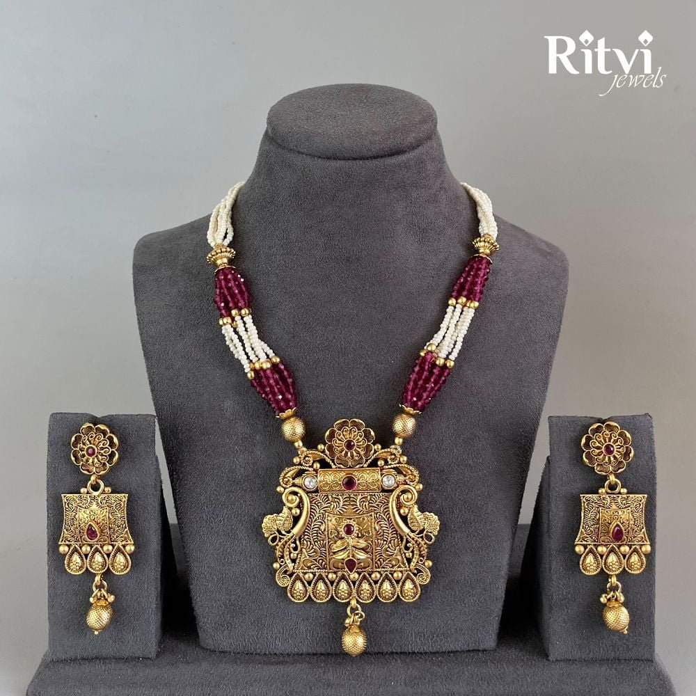 Ritvi-Preet-Ruby-Gold-Polish-Pendant-Set-1.jpg Ritvi Preet Ruby Gold Plating Necklace Set - Image 1