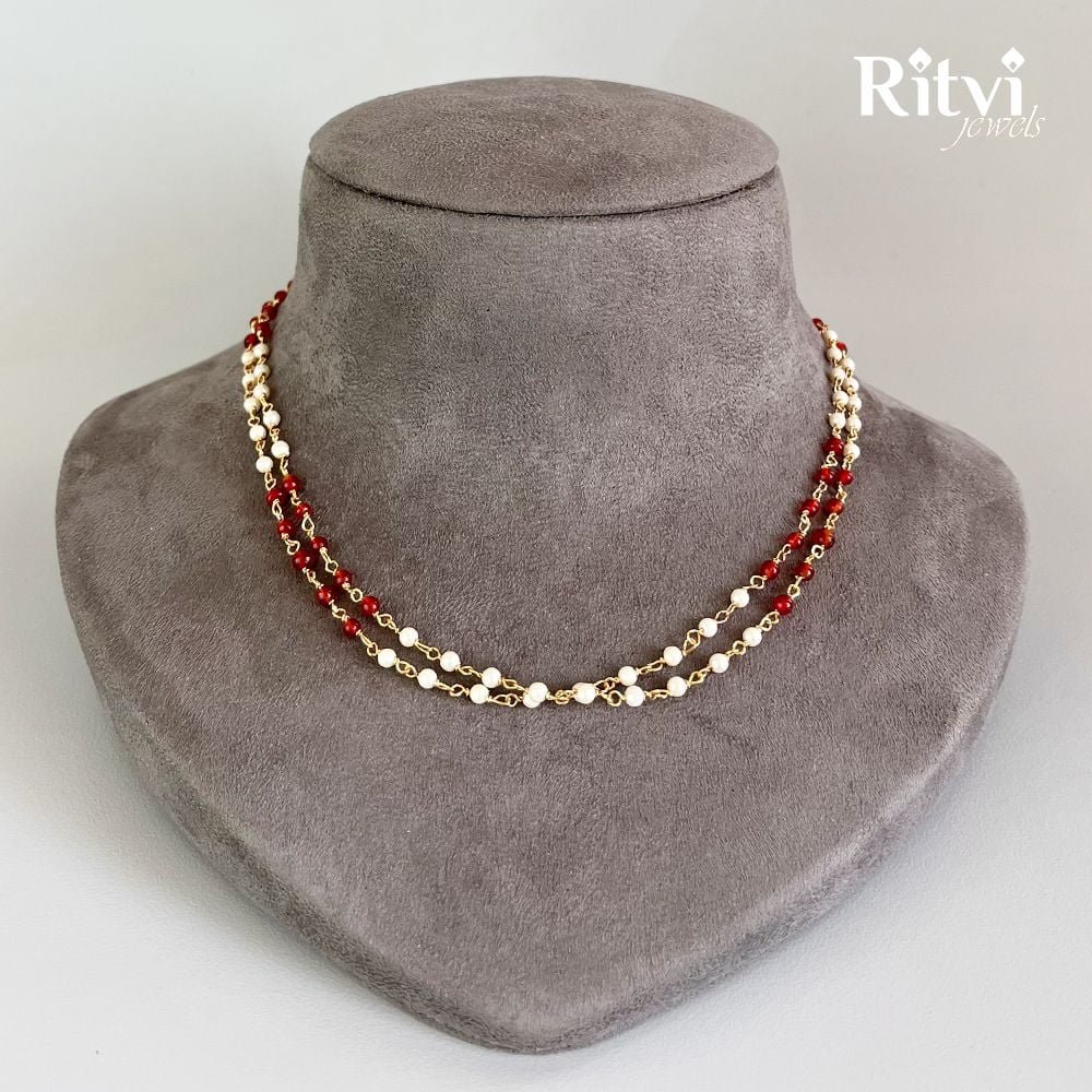 Ritvi-Radha-Handmade-Pearl-Beads-Gold-Mala-Ruby-1.jpg Ritvi Radha Handmade Pearl Beads Gold Mala (Ruby) - Image 1