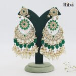 Green Drop Kundan Earrings with Sahare