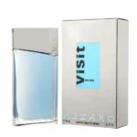 Azzaro Visit for Men Eau de Toilette 100ml in a sleek light blue glass bottle with a silver cap and matching silver retail box.
