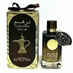 Ard Al Zaafaran Dirham OUD Eau De Parfum 100ml for Unisex in a luxurious black and gold bottle with matching premium packaging. A woody oriental fragrance featuring citrus, rose, sandalwood, musk, amber, and oud notes for long-lasting everyday wear.