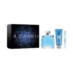 Azzaro Chrome Gift Set featuring Eau de Toilette, shower gel, and travel spray in elegant blue packaging for men.