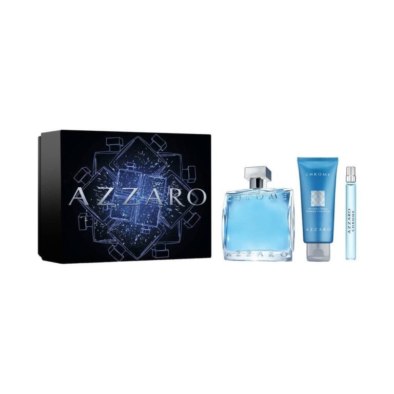 Azzaro Chrome Gift Set featuring Eau de Toilette, shower gel, and travel spray in elegant blue packaging for men.
