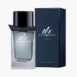 Burberry Mr. Burberry Indigo Eau de Toilette for Men in a clear grey gradient glass bottle with a black cap, ribbon detail, and matching navy blue retail box.