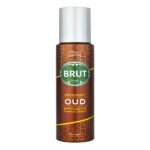 Brut Oud Deodorant Spray 200ml for Men in a premium brown aerosol can with a silver cap and classic Brut branding.