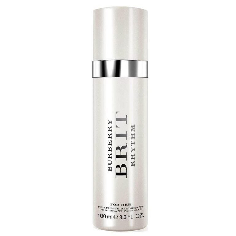 Burberry Brit Rhythm Deodorant Spray 100ml for Men in a sleek silver aerosol can with minimalist Burberry branding.