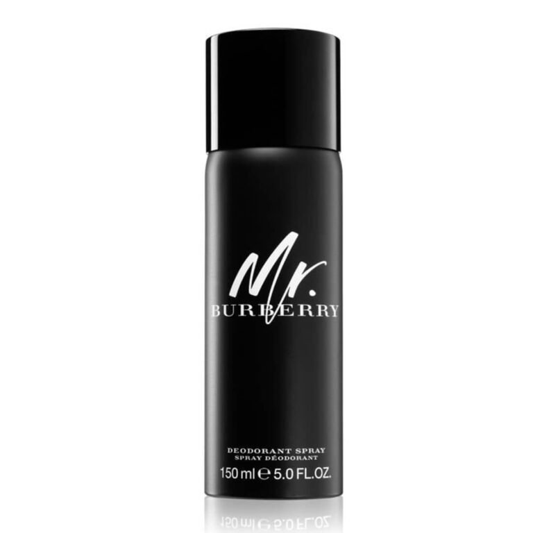 Mr. Burberry Deodorant Spray 150ml for Men in a sleek matte black aerosol can with elegant white Burberry branding.