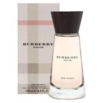Burberry Touch for Women Eau de Parfum 100ml in an elegant clear glass bottle with a dark wooden cap and a matching Burberry check-pattern retail box.