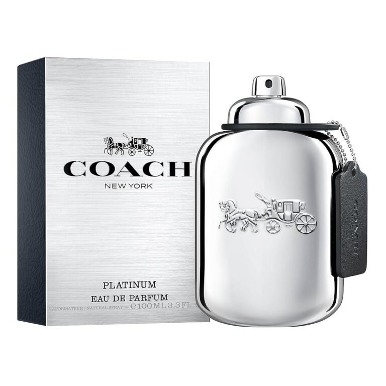 Coach Platinum Eau de Parfum for Men with a metallic silver perfume