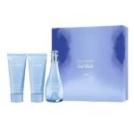 Davidoff Cool Water Woman Gift Set featuring Eau de Toilette spray, body lotion, and shower gel in elegant blue packaging.