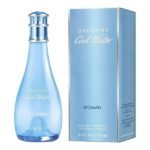 Davidoff Cool Water Woman Eau de Toilette Natural Spray 100ml in a frosted light blue bottle with matching blue retail box, fresh aquatic women's fragrance.