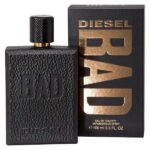 Diesel Bad Eau de Toilette for Men 100ml in a textured black bottle with matching black and gold retail box.