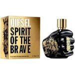 Diesel Spirit of the Brave Eau de Toilette for Men in a black and gold fist-shaped bottle with a matching gold retail box.