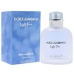Dolce & Gabbana Light Blue Eau Intense Pour Homme Eau De Parfum 100ml in a frosted light blue bottle with elegant blue packaging. A fresh, long-lasting men's fragrance featuring citrus, marine, aromatic, and woody notes.
