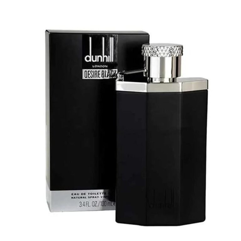 Dunhill Desire Black Eau De Toilette 100ml for Men in a sophisticated matte black bottle with premium black packaging. A long-lasting woody oriental fragrance featuring spicy, citrus, and warm amber notes.