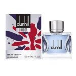 Dunhill London Eau De Toilette 100ml for Men in a sleek clear glass bottle with light blue fragrance and iconic Union Jack-inspired packaging. A fresh long-lasting masculine fragrance with citrus, aromatic, floral, and woody notes.