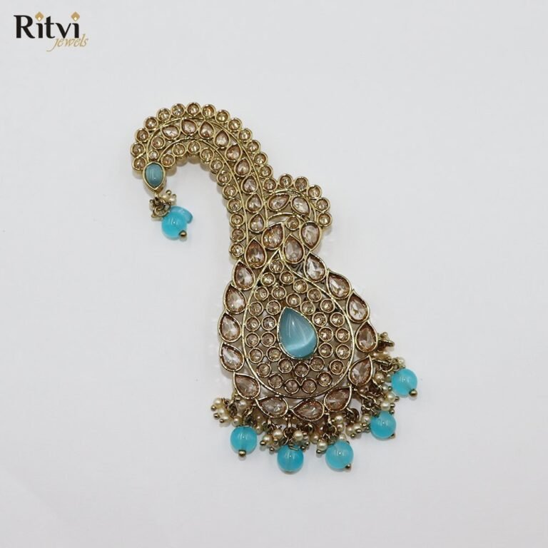 Blue Kundan groom kalgi with intricate gold detailing, sparkling stones and turquoise blue bead drops for Indian wedding