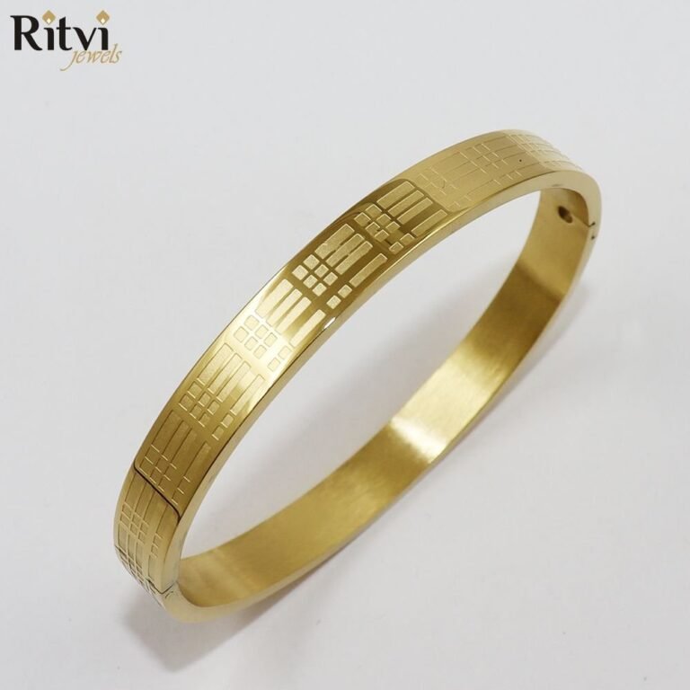 Gold-plated geometric line pattern kada bracelet for men by Ritvi Jewels