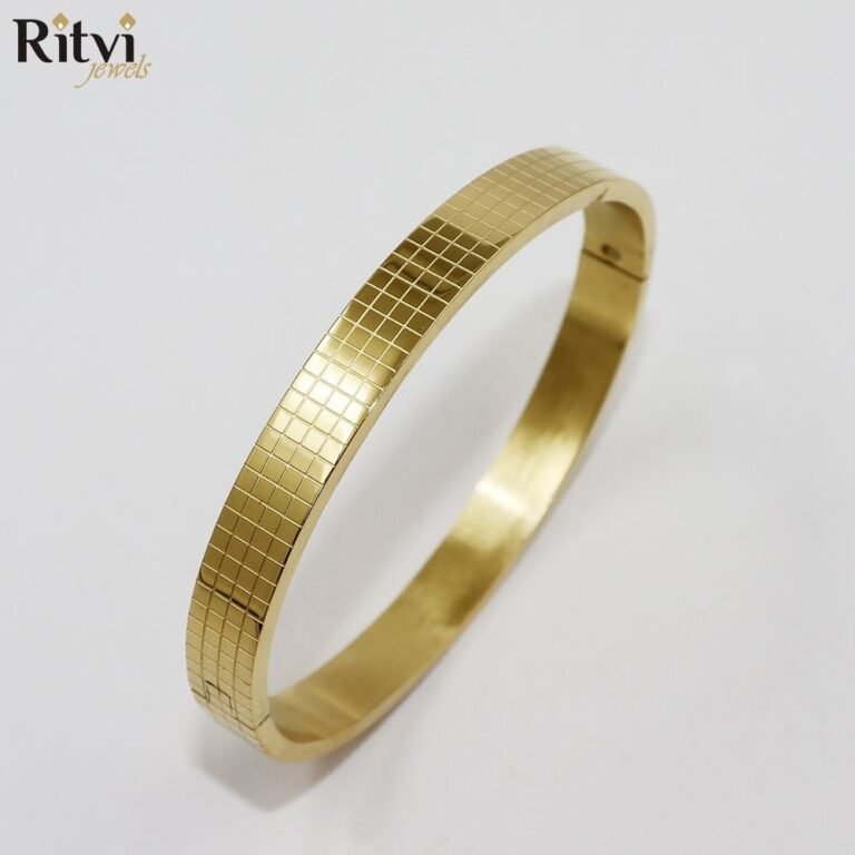Gold-plated geometric line pattern kada bracelet for men by Ritvi Jewels
