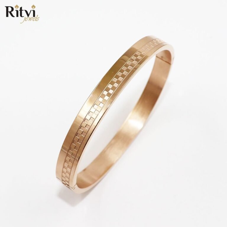 Gold-plated geometric line pattern kada bracelet for men by Ritvi Jewels