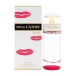 Prada Candy Kiss Eau de Parfum 80ml bottle with white and pink lip-print packaging on a white background.