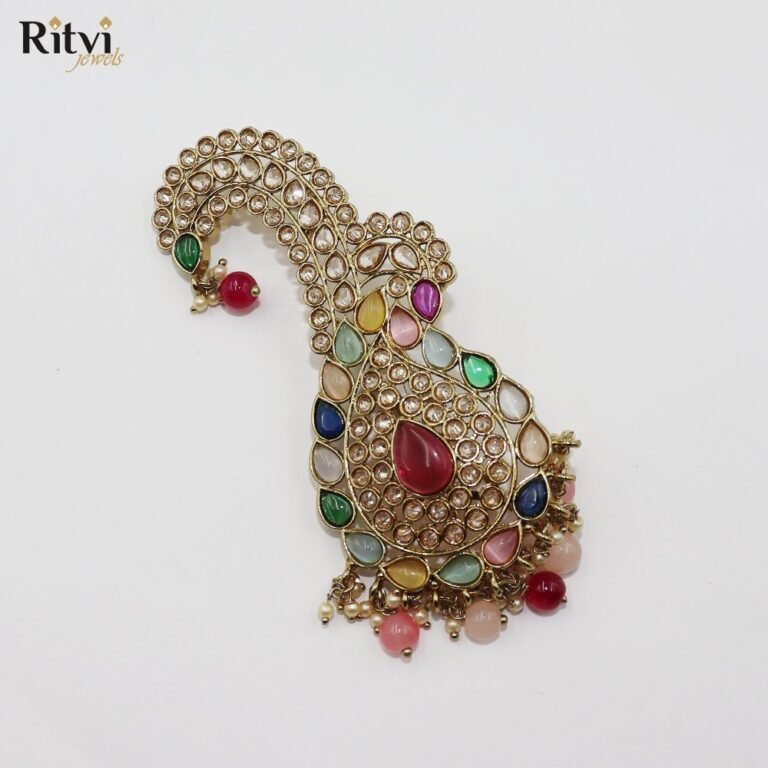 Multicolor Kundan bridal accessory with vibrant gemstones, sparkling stones, and delicate pearl and bead drop detailing