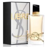 Yves Saint Laurent Libre Eau de Parfum 90ml for women in a clear glass bottle with gold YSL logo, displayed beside its black and white box