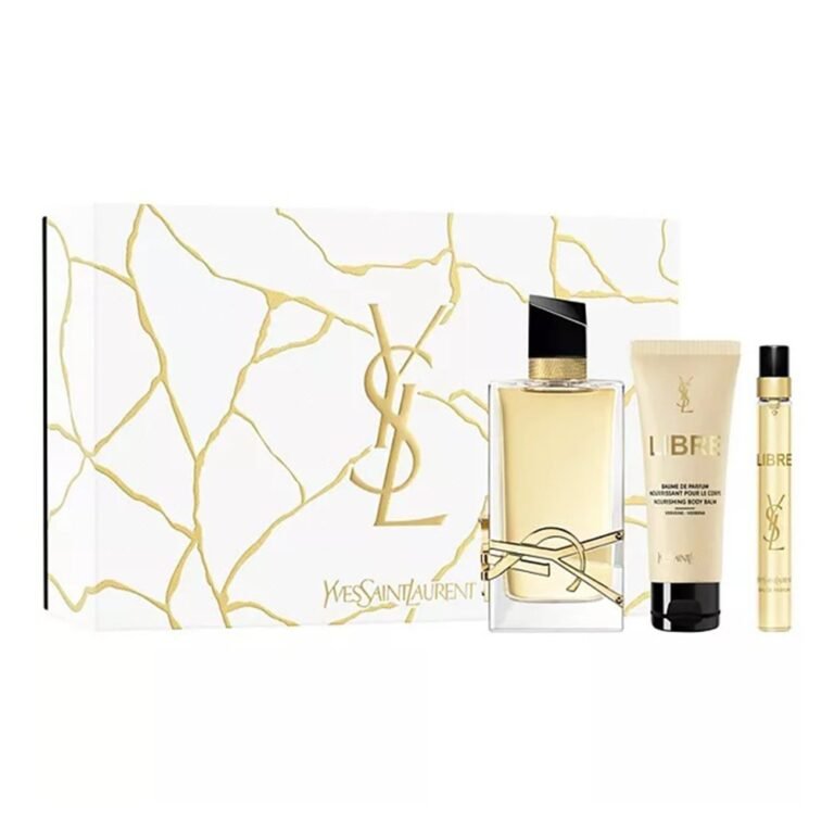 Yves Saint Laurent Libre fragrance gift set featuring Eau de Parfum, perfumed body lotion and travel-size spray in a white and gold presentation box