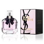 Yves Saint Laurent Mon Paris Eau de Parfum for women in a pink glass bottle with black bow, displayed beside its pink and black box