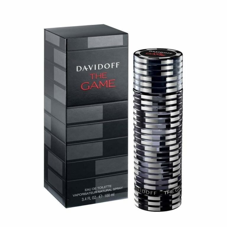 Davidoff The Game Eau de Toilette for Men 100ml in a sleek metallic cylindrical bottle with a black striped retail box.
