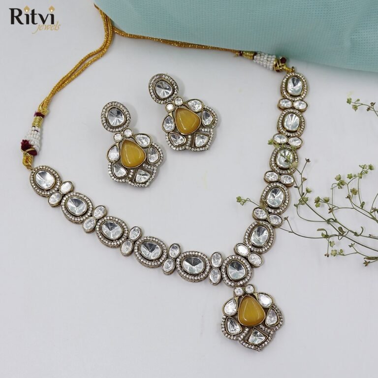 Elegant Polki Kundan necklace set featuring sparkling Polki stones, a yellow teardrop pendant, and matching earrings, perfect for bridal, wedding, festive, and party wear.