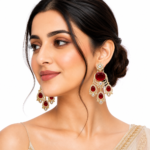 Bhumi maroon stone gold-plated Chandbali earrings with American diamonds, statement bridal earrings for wedding, festive and traditional ethnic wear.