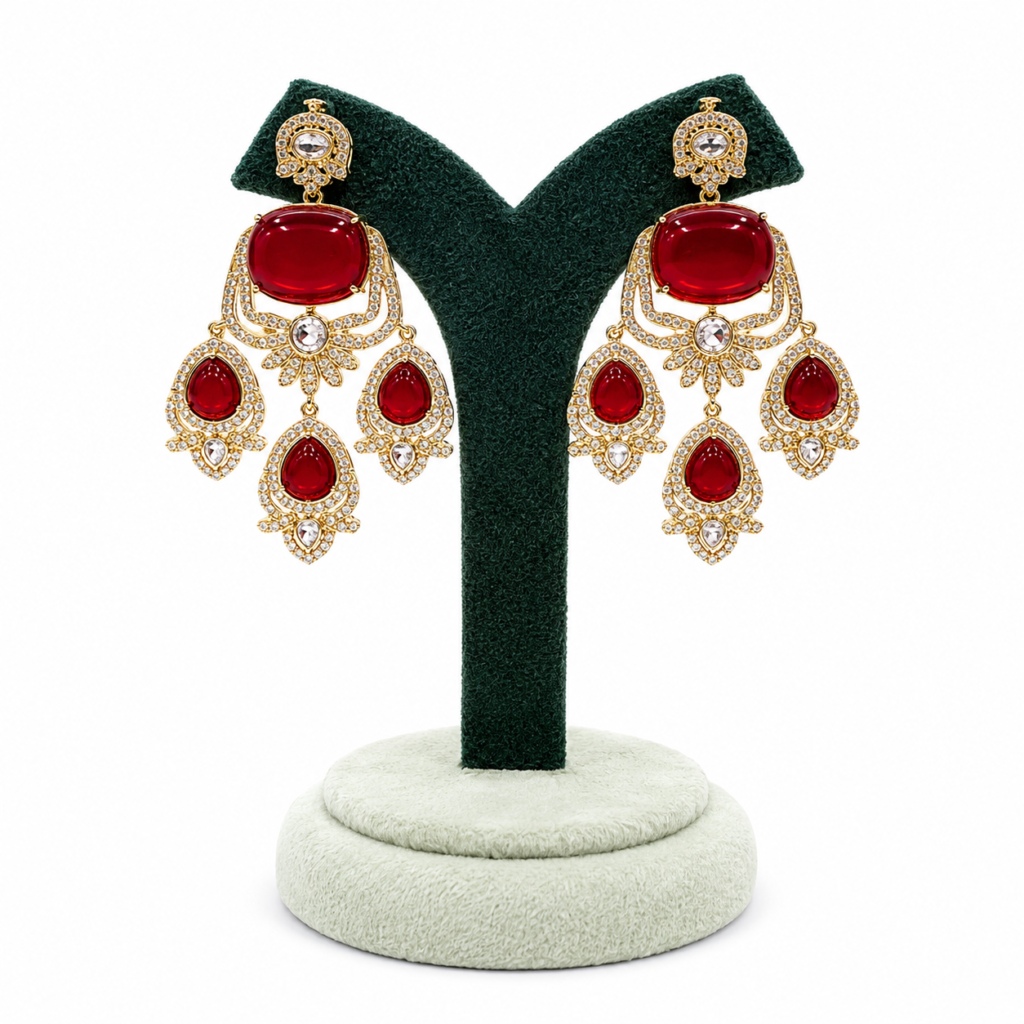 Bhumi maroon stone gold-plated Chandbali earrings with American diamonds, statement bridal earrings for wedding, festive and traditional ethnic wear.