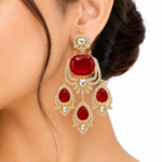 Bhumi maroon stone gold-plated Chandbali earrings with American diamonds, statement bridal earrings for wedding, festive and traditional ethnic wear.