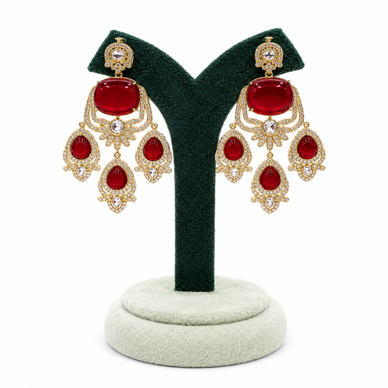 Bhumi maroon stone gold-plated Chandbali earrings with American diamonds, statement bridal earrings for wedding, festive and traditional ethnic wear.