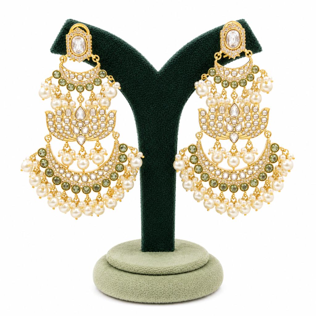 Chandni gold-plated Kundan Chandbali earrings with olive green stones and pearl drops, elegant statement earrings for bridal, wedding and festive ethnic wear.