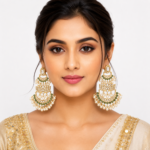 Chandni gold-plated Kundan Chandbali earrings with olive green stones and pearl drops, elegant statement earrings for bridal, wedding and festive ethnic wear.