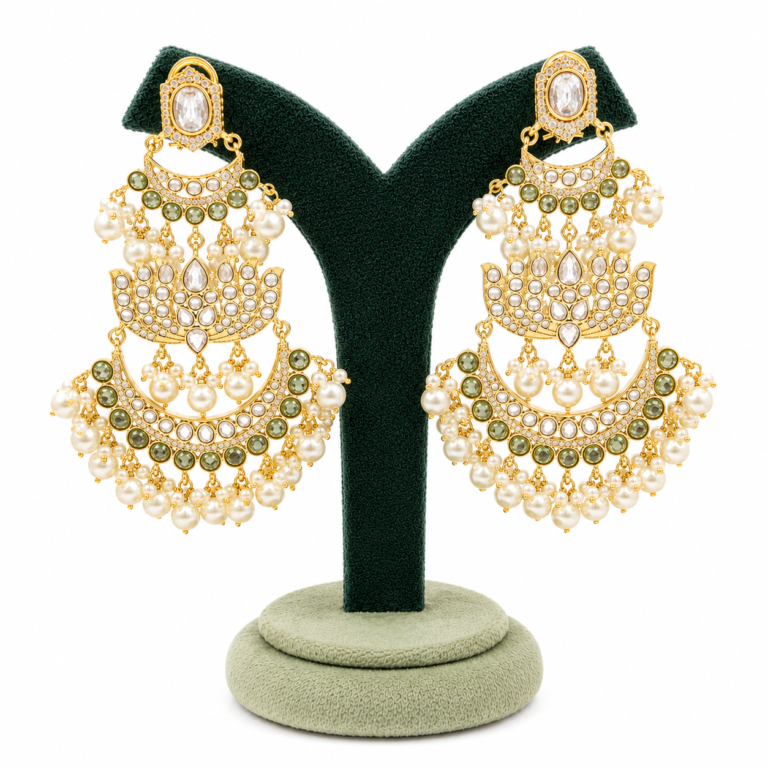 Chandni gold-plated Kundan Chandbali earrings with olive green stones and pearl drops, elegant statement earrings for bridal, wedding and festive ethnic wear.