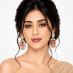Kaisha gold-plated pink crystal drop earrings with emerald-cut stones, pear-shaped crystals and zircon detailing, elegant statement earrings for weddings, parties and festive wear.