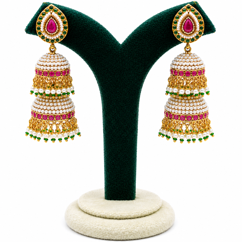 Panchhi gold-plated pearl jhumka earrings with ruby pink and emerald green stones, traditional bridal earrings for weddings, festive and ethnic wear.