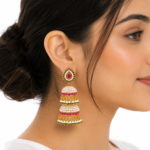 Panchhi gold-plated pearl jhumka earrings with ruby pink and emerald green stones, traditional bridal earrings for weddings, festive and ethnic wear.