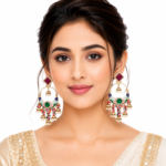 Rang Mahel gold-plated Chandbali earrings with multicolour enamel, emerald green stone, pearl jhumkis and colourful bead tassels, ideal for weddings, festive and ethnic wear.