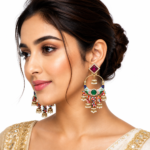 Rang Mahel gold-plated Chandbali earrings with multicolour enamel, emerald green stone, pearl jhumkis and colourful bead tassels, ideal for weddings, festive and ethnic wear.