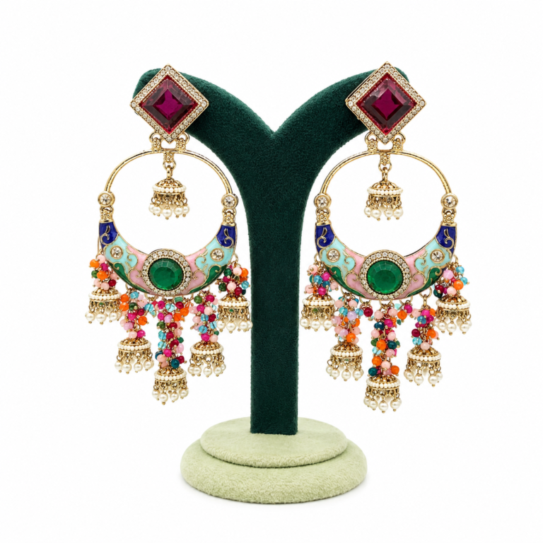 Rang Mahel gold-plated Chandbali earrings with multicolour enamel, emerald green stone, pearl jhumkis and colourful bead tassels, ideal for weddings, festive and ethnic wear.