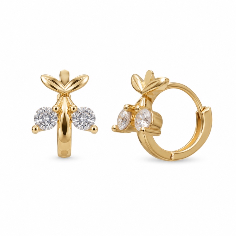 Gold-plated leaf design huggie bali earrings with round cubic zirconia stones, elegant lightweight hoop earrings for women on a white background.