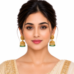Gold-plated peacock jhumka earrings with kundan stones, antique finish, and green bead drops for bridal and festive ethnic wear.