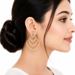 Gold-plated American Diamond chandelier earrings with floral stud, marquise and baguette-cut stones, perfect for bridal, wedding, party, and festive wear.