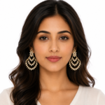 Gold-plated American Diamond chandelier earrings with floral stud, marquise and baguette-cut stones, perfect for bridal, wedding, party, and festive wear.